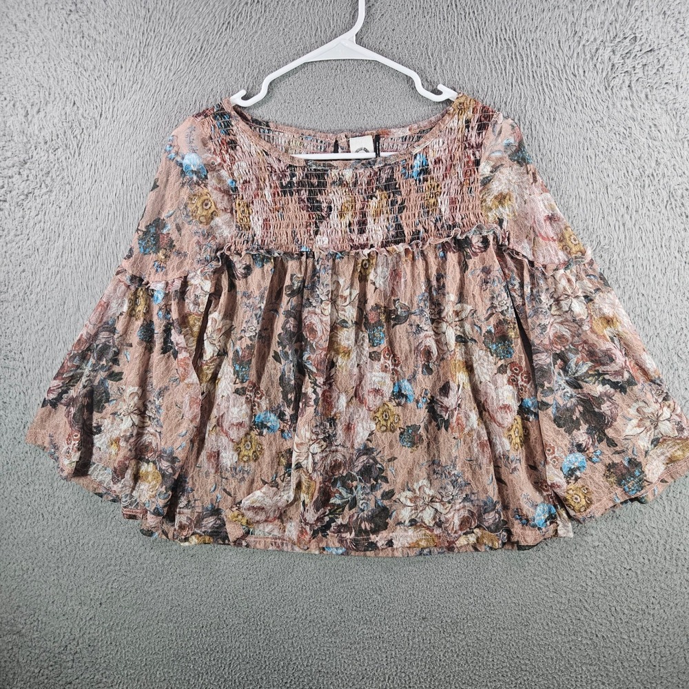 Akemi +‎ Kin Anthropologie Pink Floral Lace Smocked Bell Sleeve Blouse XS Boho